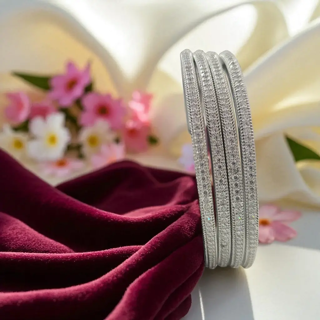 Primora Signature Sparkle Bangles – Set of 4 (Silver Finish)