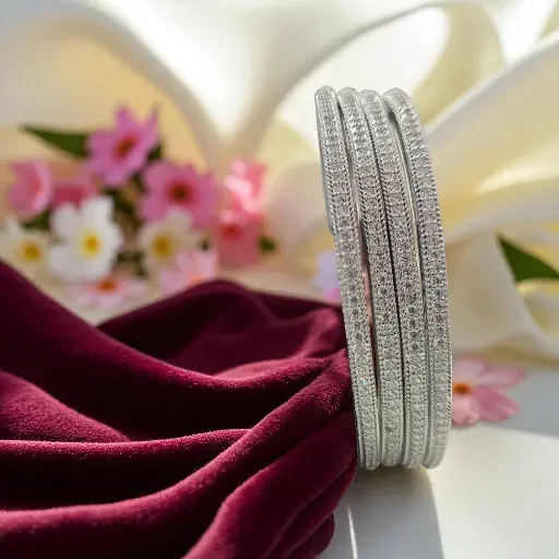 Primora Signature Sparkle Bangles – Set of 4 (Silver Finish)